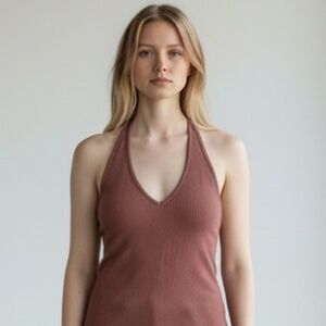 Root Beer Halter V-Neck Top With Bralette